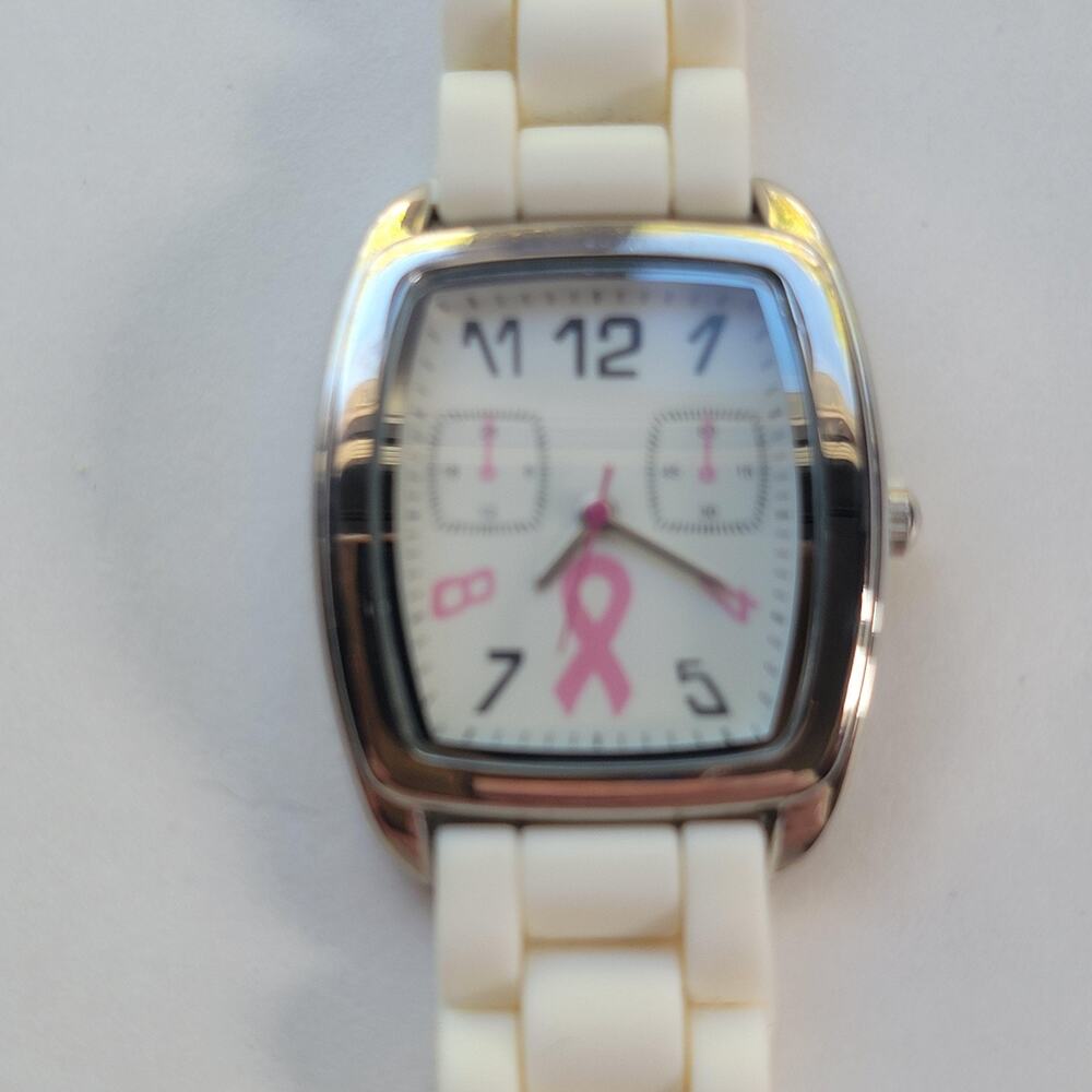 Womens Watch White Dial Silver Tone White Silicone Strap Breast Cancer
